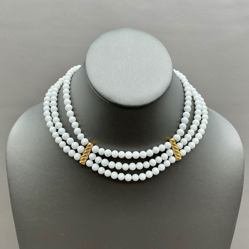 Vintage Monet Necklace White Bead Triple Strand Gold Tone Statement Signed